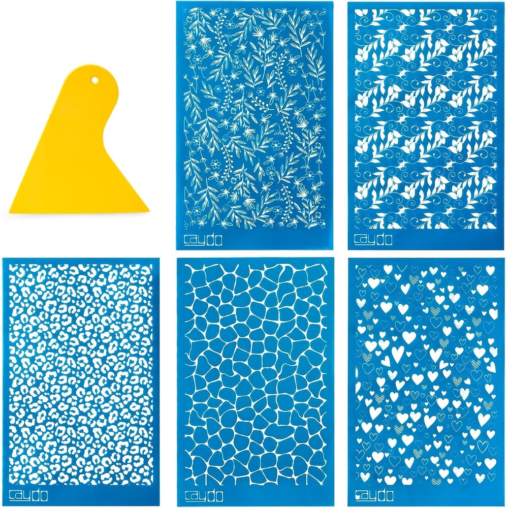 Caydo Silk Screen Stencils for Polymer Clay, 5 PCS Reusable Silkscreen Print with Squeegee, Working with Clay Earrings Cutters for Printing on Clay Earrings Decoration(6 x 3.8 inch)